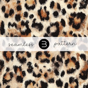 May include: A seamless leopard print pattern in shades of tan, brown, and black. The design features irregular black spots and brown patches on a tan background. The text "seamless 3 pattern" is displayed on a white banner.