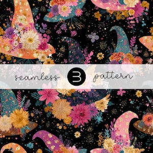 May include: A seamless pattern showcasing witch hats decorated with flowers in pink, orange, and teal hues, set against a black backdrop. The image includes the text "seamless 3 pattern".