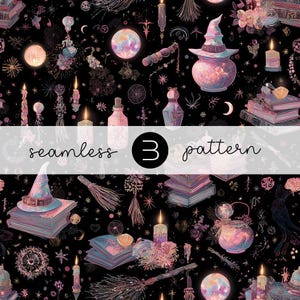 May include: Seamless pattern with a dark background featuring whimsical illustrations of witch hats, books, candles, moons, and potion bottles in shades of pink, purple, and gold. The text "seamless 3 pattern" is displayed across the image.