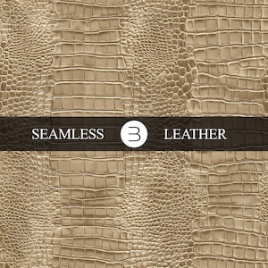 Pode incluir: Um padrão de couro sem costura e texturizado em um tom marrom dourado quente. O design imita a aparência da pele de crocodilo ou jacaré. Uma faixa marrom escuro na imagem exibe as palavras "SEAMLESS 3 LEATHER".