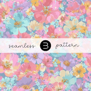 May include: A seamless floral pattern with large pink, turquoise, and purple flowers, and yellow and blue accents on a pale blue backdrop. The text "seamless 3 pattern" is overlaid on the design.
