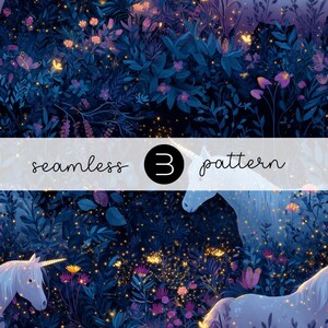 Puede incluir: Patrón sin costuras que presenta una escena de bosque caprichosa con unicornios, flores y luces brillantes. El diseño es predominantemente azul oscuro con acentos de morado, rosa y dorado. El texto "seamless 3 pattern" se muestra.