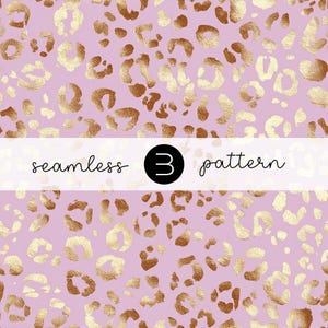 May include: A seamless pattern with gold leopard print spots on a pale purple backdrop. The words "seamless 3 pattern" are displayed in a white banner across the image.