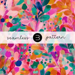 Peut inclure: Un motif sans couture vibrant avec un design floral abstrait. L'œuvre présente des coups de pinceau roses, turquoise, orange et jaunes. Le texte "seamless 3 pattern" est affiché sur l'image.
