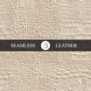 Pode incluir: Um padrão de couro texturizado e sem costura em cor bege claro, semelhante à pele de crocodilo. Uma faixa escura na imagem diz "SEAMLESS 3 LEATHER". O padrão é detalhado e adequado para várias aplicações de design.