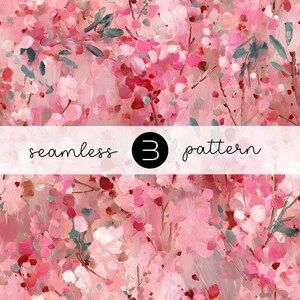 May include: A seamless pattern with a painterly floral design in pink, red, and green hues. The image includes the text "seamless 3 pattern" in a white banner across the centre. The artwork has a textured, brushstroke appearance.