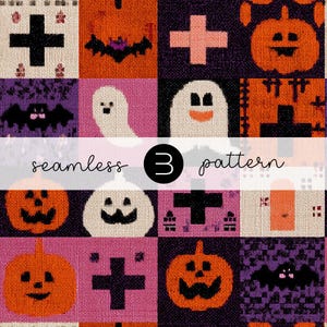 Puede incluir: Un patrón de Halloween sin costuras con cuadrados que contienen cruces, calabazas, murciélagos y fantasmas. La paleta de colores incluye naranja, morado, rosa, negro y beige. El texto "seamless 3 pattern" se muestra.