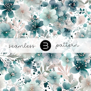 Puede incluir: Un patrón floral sin costuras con flores estilo acuarela en tonos turquesa, azul y blanco, con acentos de follaje rosa y verde. El texto "seamless 3 pattern" está superpuesto en el diseño.
