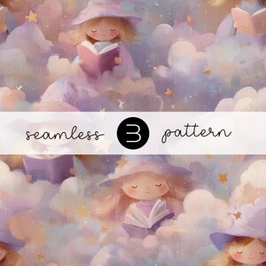 May include: A seamless pattern featuring a whimsical illustration of a cartoon witch reading a book while floating among clouds and stars. The color palette includes soft purples, pinks, and yellows. The text "seamless 3 pattern" is displayed.