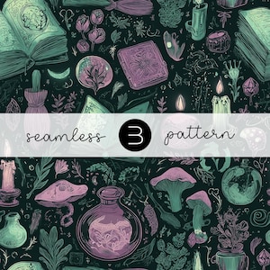 May include: Seamless pattern featuring mystical elements in shades of green, purple, and white on a dark background. The design includes open books, mushrooms, potion bottles, candles, and the text "seamless 3 pattern".