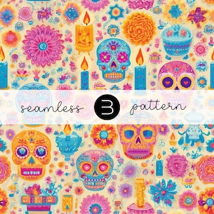 Może przedstawiać: Kolorowy bezszwowy wzór z czaszkami cukrowymi, świecami i kwiatowymi wzorami w odcieniach różu, niebieskiego, pomarańczowego i żółtego. Tekst "seamless 3 pattern" jest wyświetlany.