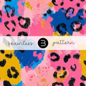 Puede incluir: Patrón abstracto sin costuras con una vibrante mezcla de colores. El diseño presenta pinceladas rosas, azules, amarillas y doradas, con manchas de leopardo negras dispersas. El texto "seamless 3 pattern" se muestra en una pancarta blanca.