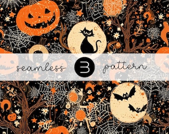 Könnte beinhalten: Nahtloses Halloween-Muster mit orangefarbenen Kürbissen, schwarzen Katzen, Fledermäusen und Spinnweben auf schwarzem Hintergrund. Der Text "seamless 3 pattern" ist im Bild zu sehen.