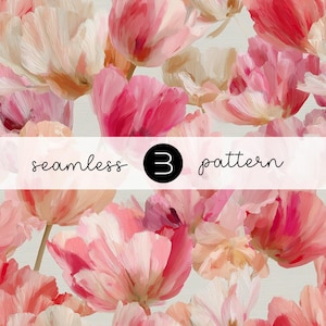 Puede incluir: Patrón sin costuras de tulipanes pintados en rosa, melocotón y blanco. Las flores se superponen, con pinceladas visibles. El texto "seamless 3 pattern" está superpuesto en la imagen. Ideal para tela o papel pintado.