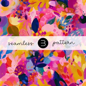 May include: Abstract floral pattern in vibrant colors. The design features brushstrokes of pink, yellow, orange, and blue, with the words "seamless 3 pattern" in a white banner.