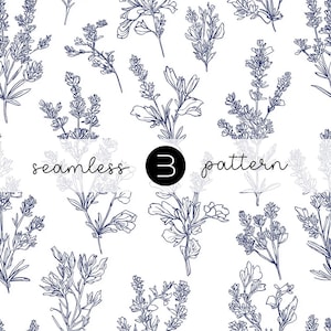 May include: A seamless pattern featuring delicate blue floral illustrations on a white background. The design includes various botanical elements, with the word "seamless" and the number "3" in a black circle, and the word "pattern".