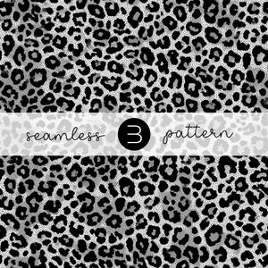 May include: A seamless leopard print pattern in black and grey. The design features a repeating animal print with black spots on a grey background. The text "seamless 3 pattern" is displayed across the image.