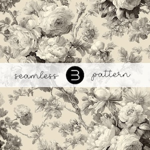 Puede incluir: Un patrón sin costuras con un diseño floral en tonos crema y gris. El patrón incluye ilustraciones detalladas de flores grandes, hojas y ramas. El texto "seamless 3 pattern" se muestra en la imagen.