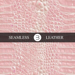 Pode incluir: Uma textura de couro rosa sem costura com um padrão de pele de crocodilo ou jacaré. A imagem tem uma faixa marrom escura no meio com as palavras "SEAMLESS 3 LEATHER". O couro tem um acabamento brilhante.