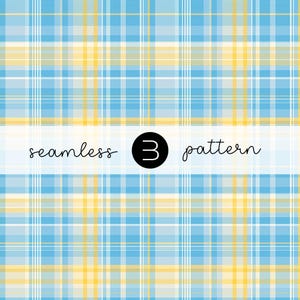 May include: A seamless plaid pattern in shades of blue, yellow, and white. The design features intersecting vertical and horizontal lines, creating a grid-like effect. The text "seamless 3 pattern" is displayed in a white banner across the image.