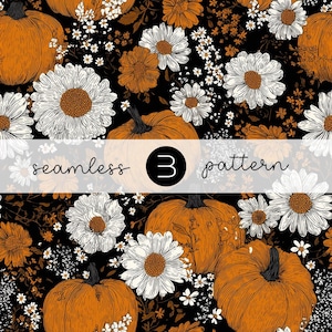 May include: Seamless pattern featuring orange pumpkins, white and orange daisies, and small white flowers on a black background. The text "seamless 3 pattern" is displayed across the image.