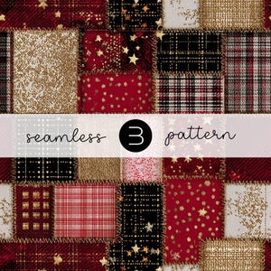 May include: A patchwork design with a variety of textures and patterns. The design includes squares of red, black, and gold fabrics, some with gold stars and dots. The words "seamless 3 pattern" are written across the center.