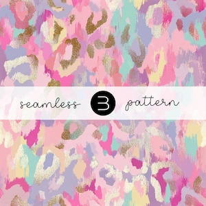 May include: A vibrant seamless pattern with a leopard print design. The pattern features a mix of pink, purple, gold, and teal brushstrokes. The text "seamless 3 pattern" is displayed across the image.