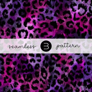 May include: A seamless leopard print pattern in purple, pink, and black. The image includes the text "seamless 3 pattern" in a white banner across the design.