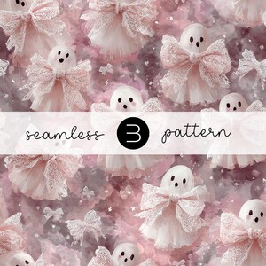 May include: A seamless pattern featuring white ghost figures with black eyes and bows made of pink lace. The ghosts are set against a pink and gray watercolor background. The text "seamless 3 pattern" is overlaid on the image.