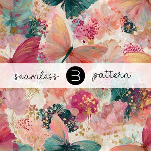 May include: A seamless pattern featuring butterflies and flowers in shades of pink, peach, teal, and gold. The design includes the text "seamless 3 pattern". The overall aesthetic is soft and floral.
