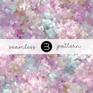 May include: A seamless pattern design featuring a painterly floral motif in shades of pink, lavender, and pale blue. The design includes the text "seamless 3 pattern" in a white banner across the image.