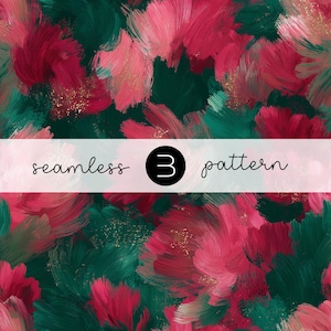 Peut inclure: Motif sans couture de style pictural. Le design présente des coups de pinceau roses, rouges et verts, avec des paillettes dorées. Le texte "seamless 3 pattern" est affiché sur une bannière blanche.
