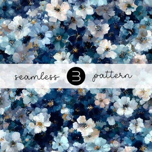 Puede incluir: Patrón floral sin costuras con flores de acuarela en tonos azules, blancos y dorados. El diseño incluye el texto "seamless 3 pattern" en una fuente manuscrita.