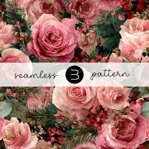 May include: A seamless floral pattern featuring pink roses, red berries, and green foliage. The design includes the text "seamless 3 pattern" in a handwritten style, perfect for fabric or wallpaper.