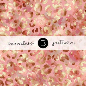 May include: A seamless pattern featuring a pink background with gold and blush-colored leopard print spots. The text "seamless 3 pattern" is displayed on a white banner across the image.