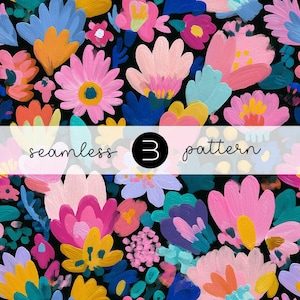 May include: A vibrant floral pattern with a black background. The design features a variety of colorful flowers in shades of pink, blue, yellow, and orange. The text "seamless 3 pattern" is overlaid on the image.