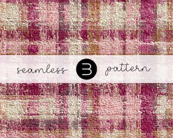 Op de afbeelding: Een naadloos patroon met een geweven textuur in tinten roze, wit en beige. Het ontwerp heeft een rasterachtige opstelling van vierkanten. De tekst "seamless 3 pattern" wordt weergegeven op een witte banner.