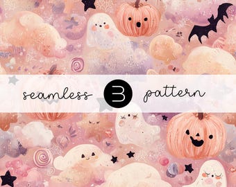 May include: A seamless pattern with Halloween illustrations. The design features smiling ghosts, pumpkins, stars, bats, and clouds in pink, peach, and purple hues. The text "seamless 3 pattern" is displayed across the center.