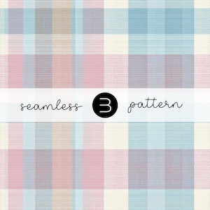 May include: A seamless pattern design with a plaid or gingham-like appearance. The pattern features a grid of squares in soft pastel colors, including pink, blue, beige, and white. The text "seamless 3 pattern" is displayed in a handwritten style font.