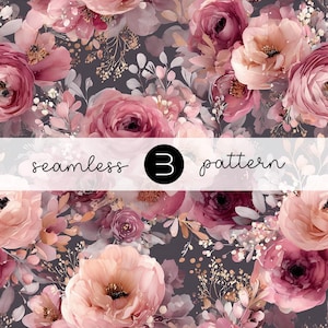 Könnte beinhalten: Ein nahtloses Blumenmuster mit Aquarellrosen in Rosa-, Pfirsich- und Burgundertönen auf einem dunkelgrauen Hintergrund. Das Design enthält den Text "seamless 3 pattern" in Handschrift.