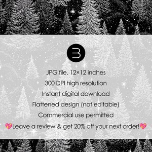 Pu&ograve; includere: Download digitale con un design forestale in bianco e nero, che mostra alberi sempreverdi dettagliati su uno sfondo di cielo stellato. L'immagine include il numero 3 e il testo che indica che si tratta di un file JPG, 30,48 x 30,48 cm, 300 DPI e per uso commerciale.