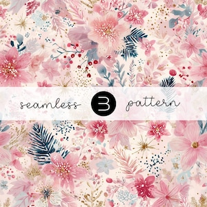 May include: A seamless floral pattern featuring pink and blush flowers with accents of gold and navy. The design includes the text "seamless 3 pattern" in a handwritten style, perfect for fabric or wallpaper.
