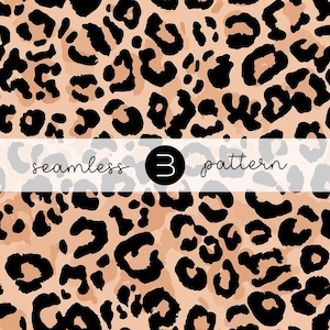 Puede incluir: Patrón sin costuras de estampado de leopardo en negro y beige. El patrón incluye el texto "seamless 3 pattern" en una pancarta blanca. Este patrón es adecuado para diversos usos, como tela o papel pintado.