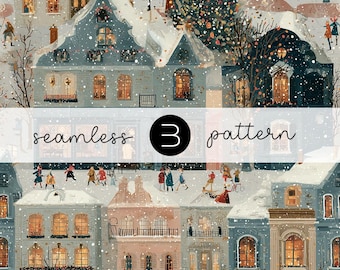 Charming Winter Town Street Snowy Seamless Pattern