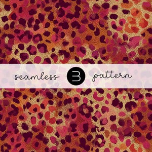 Peut inclure: Motif de léopard sans couture aux tons rouges, roses et orangés sur fond doré. Le texte "seamless 3 pattern" est affiché sur une bannière blanche.