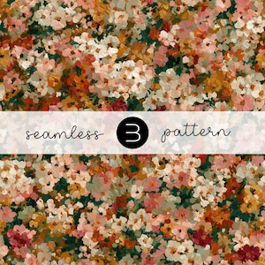 Puede incluir: Un patrón floral sin costuras de estilo pictórico. Presenta una densa composición de flores rosas, blancas, naranjas y verdes. El texto "seamless 3 pattern" se superpone a una pancarta blanca.