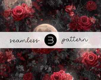 Gothic Moon Rose Pattern - Seamless Halloween Floral with Full Moon and Webs