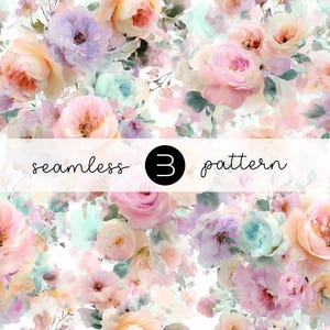 Puede incluir: Un patrón floral sin costuras con rosas de acuarela en tonos rosa, melocotón, lavanda y azul. El diseño incluye el texto "seamless 3 pattern" en una pancarta blanca.