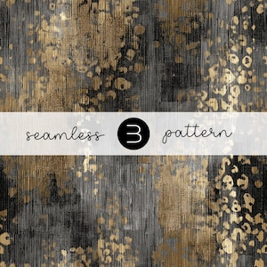 Könnte beinhalten: Nahtloses Muster mit einem strukturierten Design in Schwarz, Grau und Gold. Das Design umfasst vertikale Pinselstriche und verstreute goldene Punkte. Der Text "seamless 3 pattern" wird auf einem weißen Banner angezeigt.