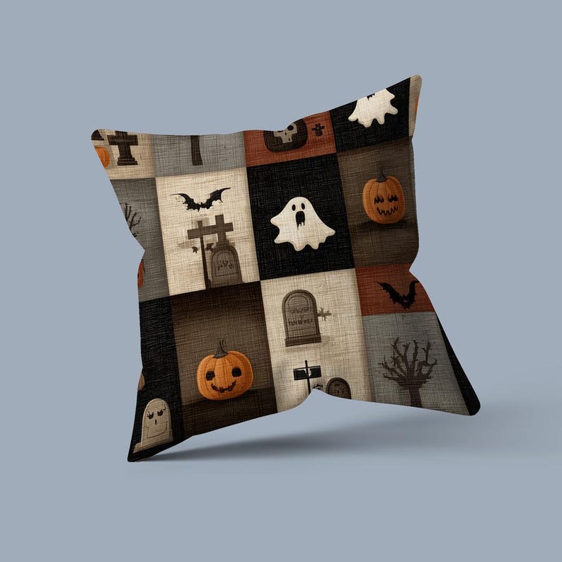 May include: Square cushion with a Halloween patchwork design. Each square showcases a different Halloween icon, such as pumpkins, ghosts, bats, and tombstones. The colour scheme includes orange, black, brown, and grey, creating a festive and spooky aesthetic.